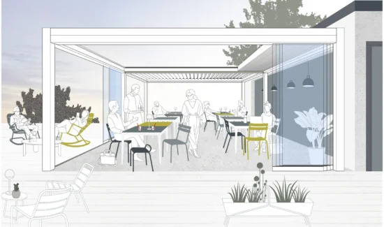 Illustration eines modernen Außenbereichs mit Pergola und Menschen, die sich unterhalten